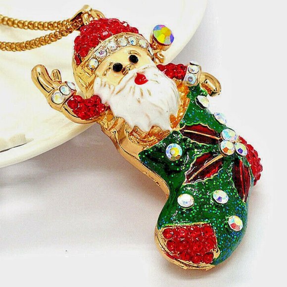 Jolly SANTA CLAUS Stocking Rhinestone Necklace - Picture 11 of 11